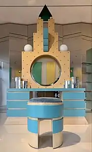 Plaza dressing table and stool, by Michael Graves for the Memphis Group, 1981, painted wood, natural rosehips, mirrors and bulbs, Museum of Decorative Arts, Paris