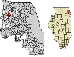 Location of Hanover Park in Cook and DuPage County, Illinois.