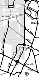 Willard & surrounding area, circa 1940, with an overlay of the current Dulles runways
