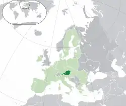 Location of&nbsp;Austria&nbsp;(dark green)–&nbsp;in Europe&nbsp;(green &&nbsp;dark grey)–&nbsp;in the European Union&nbsp;(green)&nbsp; –&nbsp; [Legend]