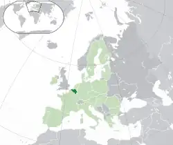 Location of&nbsp;Belgium&nbsp;(dark green)–&nbsp;in Europe&nbsp;(green &&nbsp;dark grey)–&nbsp;in the European Union&nbsp;(green)