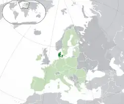 Location of metropolitan Denmark (dark green)– in Europe (green & dark grey)– in the European Union (green)