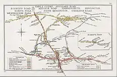 A 1911 map of the WLL (running south to north, depicted in yellow and red) and its junctions