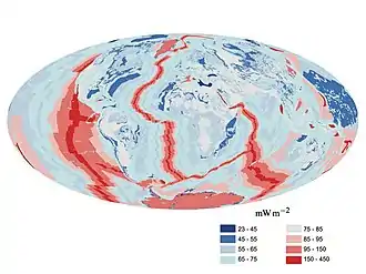 Image 58Global map of heat flow from Earth's interior to the surface of Earth's crust, mostly along the oceanic ridges (from Earth)