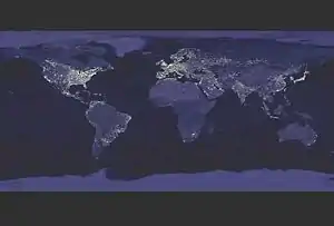 Image 32A composite image of artificial light emissions at night on a map of Earth (from Earth)