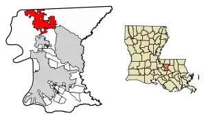 Location of Zachary in East Baton Rouge Parish, Louisiana.