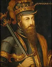 a dark-shaded drawing of a bearded man bearing a sword