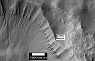 Layers in light-toned Electris Deposit, as seen by HiRISE on the Mars Reconnaissance Orbiter.  Gullies are visible on the left.