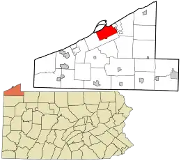 Location of Erie in Erie County, Pennsylvania and in Pennsylvania