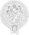 Bronze mirror depicting Uni nursing Hercle, featuring Tinia, Menrva, Turan, and Mean.