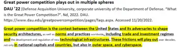 A screenshot of a debate card with the tagline: "Great power competition plays out in multiple spheres"