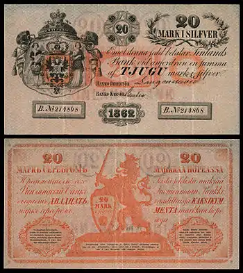 Image 1Finnish markkaBanknote credit: Bank of Finland; photographed by Andrew ShivaThe Finnish markka was the currency of Finland from 1860 to 2002. The currency was divided into 100 pennies and was first introduced by the Bank of Finland to replace the Russian ruble at a rate of four markkaa to one ruble. The markka was replaced by the euro on 1&nbsp;January&nbsp;2002 and ceased to be legal tender on 28&nbsp;February later that year.This picture shows a 20-markka banknote issued in 1862, as part of the first issue of markka banknotes (1860 to 1862), for the Grand Duchy of Finland, then an autonomous part of the Russian Empire; 1862 was also the first year of issue for this particular denomination. The banknote's obverse depicts the coat of arms of Finland on a Russian double-headed eagle, and was personally signed by the director and the cashier of the Bank of Finland. The text on the obverse is in Swedish, whereas the reverse is primarily in Russian and Finnish.More featured pictures
