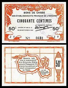 A 50 centimes World War II banknote (1943), printed in Papeʻete, depicting the outline of Tahiti (rev).