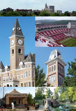 Clockwise from top: Fayetteville skyline around the Historic Square, Donald W. Reynolds Razorback Stadium, Old Main, Wilson Park, the Fayetteville Depot, and the Washington County Courthouse.