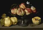 Glass tazza with peaches, Jasmine flowers, quinces and a grasshopper, c. 1610