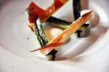 Grilled leeks with ashes, hazelnut, yoghurt and caramelized chicken gravy.