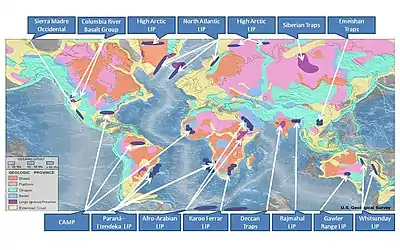 Image 3Only a few of the largest large igneous provinces appear (coloured dark purple) on this geological map, which depicts crustal geologic provinces as seen in seismic refraction data