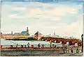 Collotype (of an engraving) with applied watercolor, 1913.