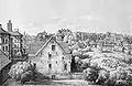 1872: Former row of houses on today's Neuer Börneplatz, on the left is the hospital of the Israelitische Krankenkassen