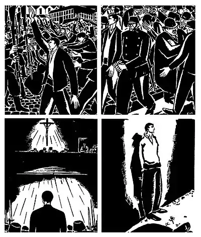 Four high-contrast black-and-white images in sequence. In the first, a man, facing left with his right arm aloft, marches with a crowd towards a group of gun-wielding figures. In the second, uniformed figures are taking the man away amongst a crowd. In the third, the man is seen from behind at the bottom, with a group seated behind a bench in the distance near the top in an apparent courtroom. A crucifix hangs prominently above the bench, bathed in light in the darkened room. In the fourth, the man has his back to a wall, hands bound behind him, with another figure lying apparently dead at his feet. He faces right, apparently awaiting his execution by gunfire.