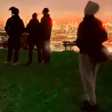 Four people stand on a grassy lookout overlooking a city illuminated by lights