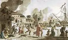 Image 17Illustration circa 1815 showing "Incendie du Cap" (Burning of Cape Francais) during the Haitian Revolution. The caption reads: "General revolt of the Blacks. Massacre of the Whites". (from History of the Caribbean)