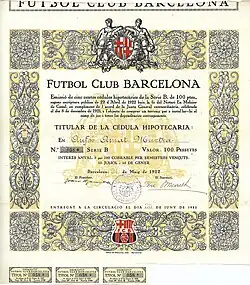Mortgage bond of Futbol Club Barcelona for 100 pesetas, issued on 24 May 1922 in Barcelona, signed as president in the original by the club's founder Joan Gamper