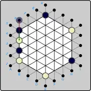 (2) Black counters by introducing a piece on B6, then pushes it down to B5 .mw-parser-output .legend{page-break-inside:avoid;break-inside:avoid-column}.mw-parser-output .legend-color{display:inline-block;min-width:1.25em;height:1.25em;line-height:1.25;margin:1px 0;text-align:center;border:1px solid black;background-color:transparent;color:black}.mw-parser-output .legend-text{}&nbsp;(B)B6→B5&nbsp;, displacing the White piece to B4.