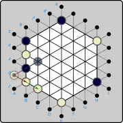 (3b) White could have introduced the piece on A2 instead, then pushed to B2 .mw-parser-output .legend{page-break-inside:avoid;break-inside:avoid-column}.mw-parser-output .legend-color{display:inline-block;min-width:1.25em;height:1.25em;line-height:1.25;margin:1px 0;text-align:center;border:1px solid black;background-color:transparent;color:black}.mw-parser-output .legend-text{}&nbsp;(W)A2→B2&nbsp;, with the same result. However, placing on A2 opens up the option to push to B3 instead .mw-parser-output .legend{page-break-inside:avoid;break-inside:avoid-column}.mw-parser-output .legend-color{display:inline-block;min-width:1.25em;height:1.25em;line-height:1.25;margin:1px 0;text-align:center;border:1px solid black;background-color:transparent;color:black}.mw-parser-output .legend-text{}&nbsp;(W)A2→B3&nbsp;, displacing the black piece to C4.