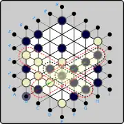 (ex.3) Same move .mw-parser-output .legend{page-break-inside:avoid;break-inside:avoid-column}.mw-parser-output .legend-color{display:inline-block;min-width:1.25em;height:1.25em;line-height:1.25;margin:1px 0;text-align:center;border:1px solid black;background-color:transparent;color:black}.mw-parser-output .legend-text{}&nbsp;(B)B1→C2&nbsp; and resulting four-in-a-row at E4-F5-G6-H7 removes the line from C2 to H7. In this case, a second, intersecting Black four-in-a-row is formed D4-E4-F4-G4. Black will choose to remove either (C2 ... H7) or (B4 ... G4) but not both! (C2 ... H7) returns five to reserves and captures one White piece, while (B4 ... G4) returns four and captures two.