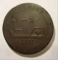 1811 Cornish penny showing a mine pumping engine and winding gear