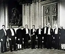 Prime ministers of the Commonwealth with King George VI (5th fr left), London 13 October 1948; Don Stephen Senanayake, Ceylon (2nd fr left); Liaquat Ali Khan, Pakistan (3rd fr left); C. R. Attlee (UK, 5th fr right) and Jawaharlal Nehru of India (far right).