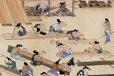Carpenters in common dress, 1309; kosode and hakama do not match