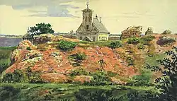 Church of St. Nicholas and ruins of the Hieraniony Castle (painting by Kanuty Rusiecki, 1846)