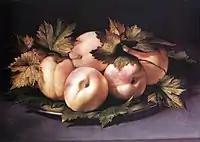 Giovanni Ambrogio Figino, Metal Plate with Peaches and Vine Leaves (1591–94), panel, 21 × 30&nbsp;cm, his only known still life