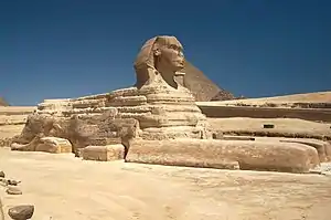Great Sphinx of Giza, c. 2558–2532 BC, the largest monolithic statue in the world, standing 73.5 metres (241&nbsp;ft) long, 6 metres (20&nbsp;ft) wide, and 20.22&nbsp;m (66.34&nbsp;ft) high. Giza, Egypt.
