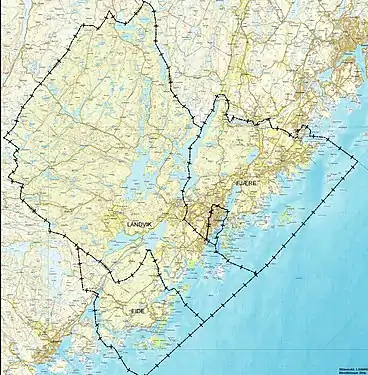 Map of Landvik prior to 1962 (also showing Eide and Fjære municipalities and the town of Grimstad)
