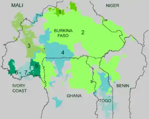 Map showing regions of Burkina Faso and neighboring countries where Gur languages are spoken: Koromfé in a small area in the north; Oti–Volta languages, the most widespread; Bwamu in the west; Gurunsi in the southern and southeastern areas; Kirma–Lobi in a small western area; Dogoso–Khe in a small extreme western area; and Doghose–Gan in a small western area.