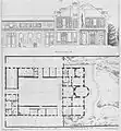 Elevation and floor plan. In the elevation, the sculptures to be added by Clodion were "fancifully interpreted". In the plan north, is down; the rue Monsieur, to the left; and the Boulevard des Invalides, to the right.