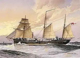 HMS Thrush, a gun boat with sails, at sea