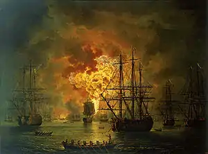 The destruction of the Ottoman Turk fleet in the Battle of Chesme, 1770.