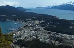 Haines, viewed from the northeast from Mount Ripinsky, with Chilkoot Inlet on the left, Chilkat Inlet on the right, and the Chilkat Peninsula extending into the distance