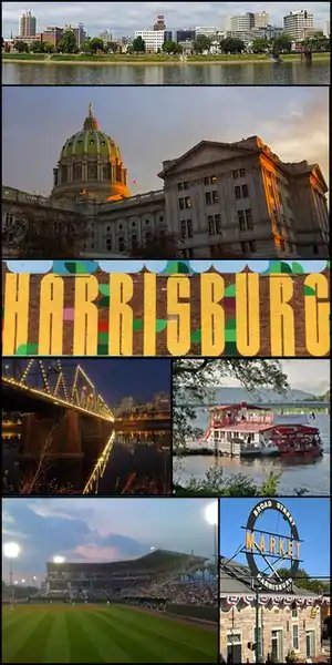 From top to bottom, left to right: Harrisburg skyline, Pennsylvania State Capitol, Harrisburg mural in Midtown, Walnut Street Bridge, Pride of the Susquehanna, FNB Field, and Broad Street Market