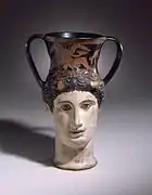 Head-Kantharos of a Female Faun or Io, red-figure pottery, South Italy, 375-350 BC