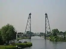 One of the vertical-lift bridges over the Gouwe River. It was built in 1930.