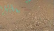 Hellas quadrangle map showing two large river valleys that slope left, toward the floor of the crater.