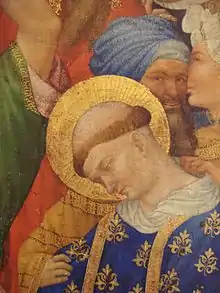 Pseudo-Kufic on garments in Henri Bellechose's Le Retable de Saint Denis, 1415–1416