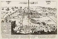 Print of the siege situation sketch at Haarlem in 1572, a bird's eye perspective from the North.