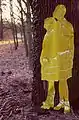 Hilde and Miriam, drawing on a silk cutout by Ewa Kuryluk, installed in Bois de Boulogne, Paris, part of the 2002 installation Yellow Birds Fly, photo by Ewa Kuryluk.