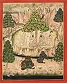 Holy men visiting Guru Nanak in a mountainous forest, Mewar painting